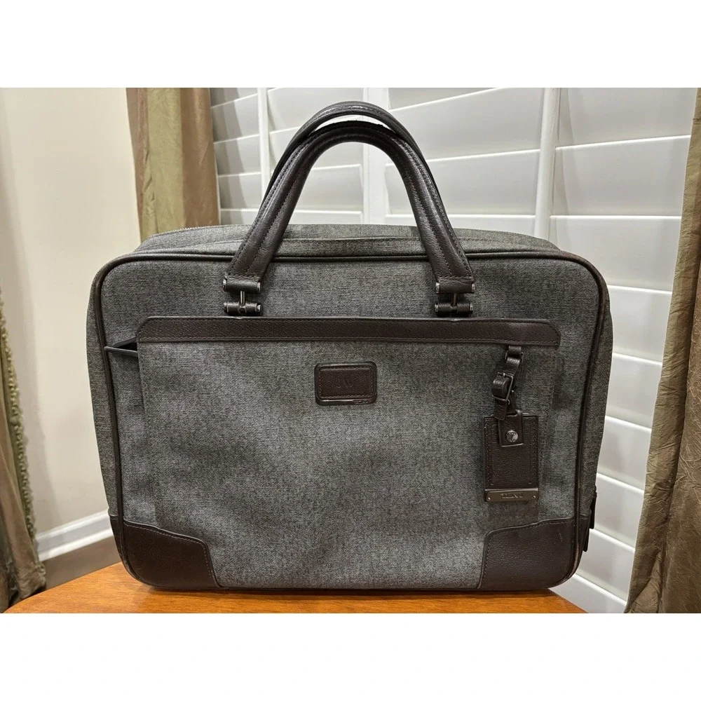 TUMI Gray Brown Leather Trim Laptop Briefcase Business Travel Bag Monogrammed